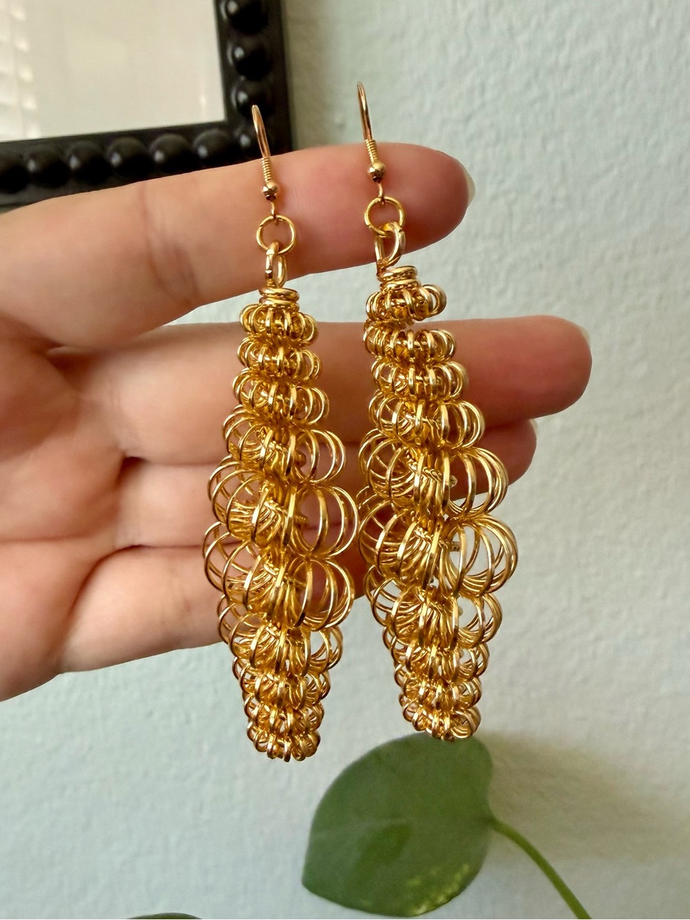 Handmade Gold Tone Metal Spiral Abstract Shell Chandelier Statement Earrings